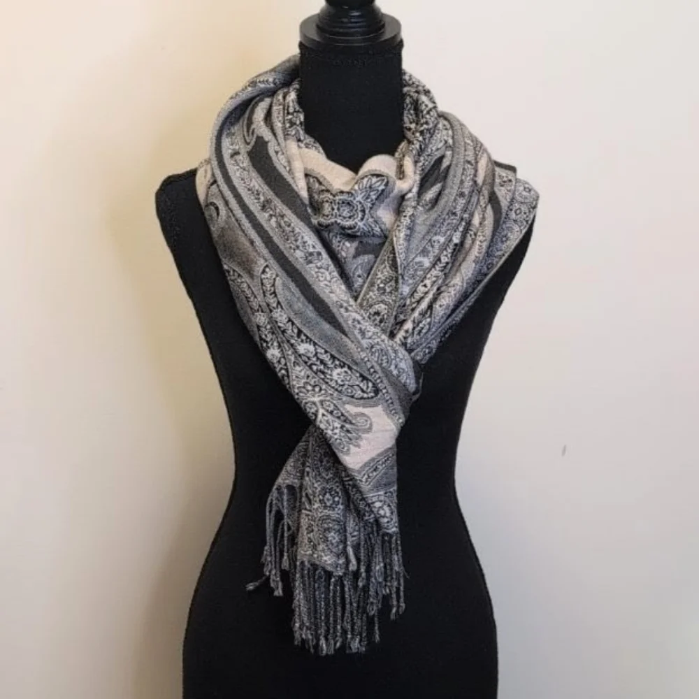 Paisley Fringe Scarf Black and Cream 21x 76